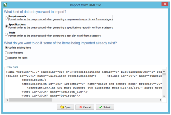 Specification Import XML